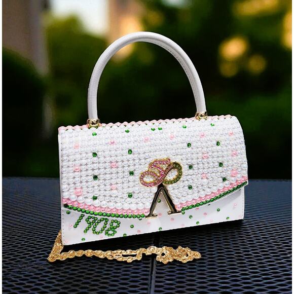 AKA Alpha Kappa Alpha Purse Custom Made "50 Years Golden" Pearls & Rhinestone - Picture 1 of 9